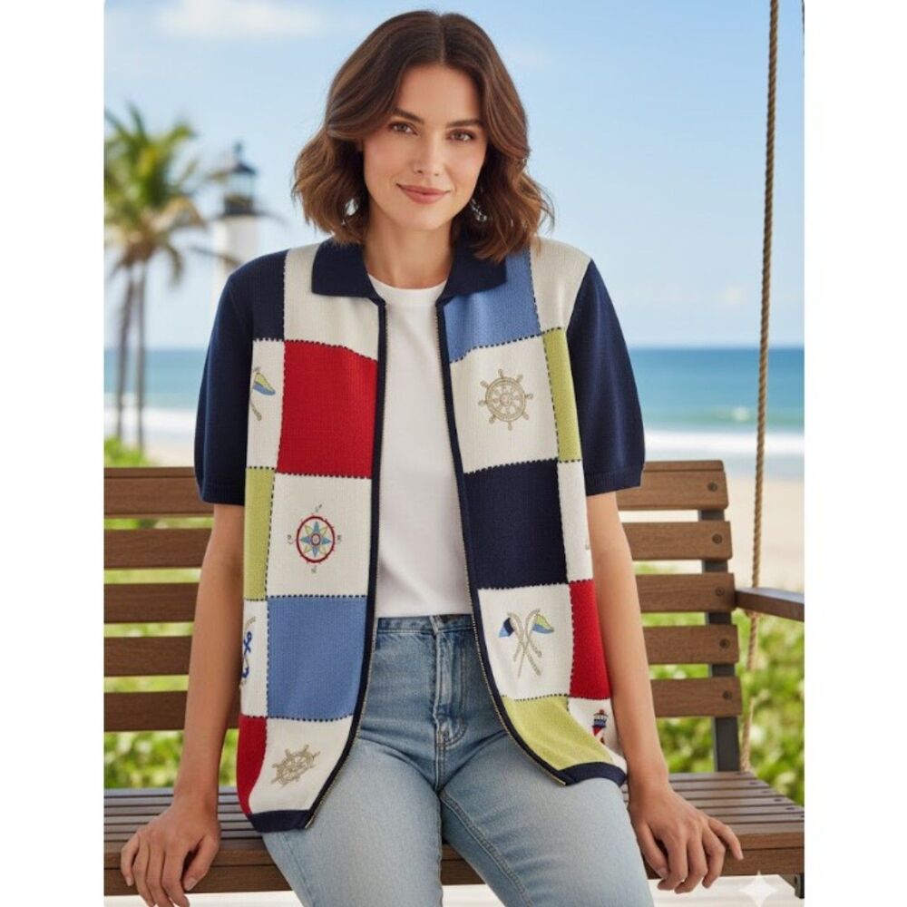 Alfred Dunner Sweater Nautical Cardigan Embroidered Full Zip Short Sleeve M